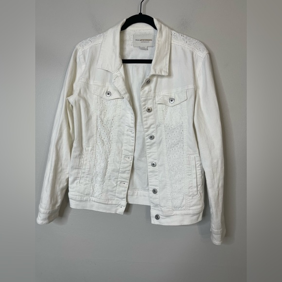 Anthropologie white Stretch Denim Eyelet Lace Trim Denim Jacket XS Fits Large - Picture 5 of 15